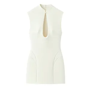 Women's Sexy High Neck Cutout Mini Dress Sleeveless Bodycon Solid Color Off-White Elegant Chic Party Evening Bodycon Dress