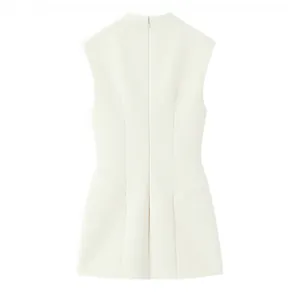 Back view detail of elegant white structured sleeveless mini dress with a high neckline
