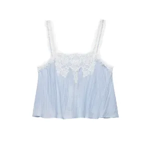 Women European American Style Lace Embroidered Top And Midi Skirt Set Elegant Light Blue Crinkled Polyester Clothing