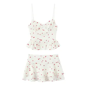Women Strawberry Print Satin Peplum Cami Top And Tiered Mini Skirt Matching Set White Red Gathered Casual Summer Top Bottom