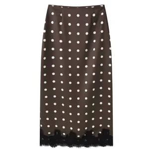 Elegant chocolate brown midi skirt with white polka dots and black lace patchwork hem