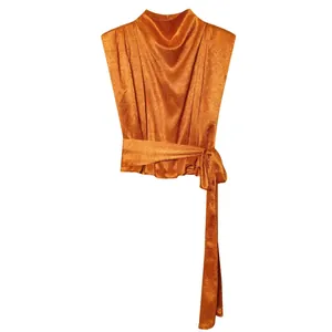 Elegante Dames Top met Watervalhals Satijn Mouwloos Brons Blouse met Strik Modieuze Casual Zomerse Vest Top