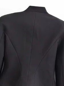 Back detail of a women's slim fit black blazer showing shoulder pads and tailoring