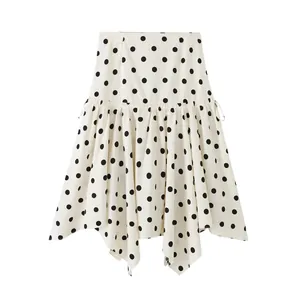 Women Fashion Asymmetric Polka Dot Mini Skirt Polyester Ruffle Drawstring High Waist A-Line Skirt for Summer Casual Party Wear