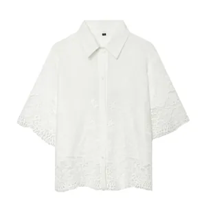 Dames Korte Mouw Opengewerkt Borduurwerk Overhemd Casual Witte Blouse Top Mode Kanten Kraag Top