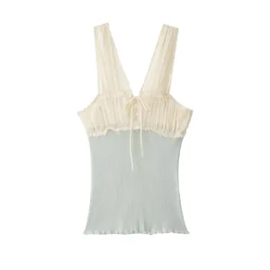 Dames Sexy Patchwork Cami Top Geplooid V-Hals Ribgebreid Mouwloos Slim Fit Crop Top Zomer Streetwear Mode Top