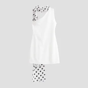 Women Halter Neck Mini Dress Polyester Polka Dot Scarf Decor Sleeveless One Shoulder Sexy Fashion White Short Party Dress
