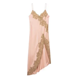 Women Satin Lace Trim Cami Maxi Dress Sexy V Neck Spaghetti Strap Asymmetric Hem Polyester Party Dress Soft Pink