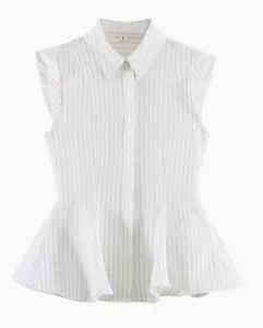 Detailed view of white striped sleeveless decorative fake collar vest with peplum hem