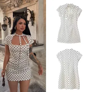 Mujer Vestido Mini de Lunares Calado Cordones Lazo Cuello Sexy Manga Corta Poliéster Ajustado Acampanado Vestido Moda Verano Vestido Bodycon