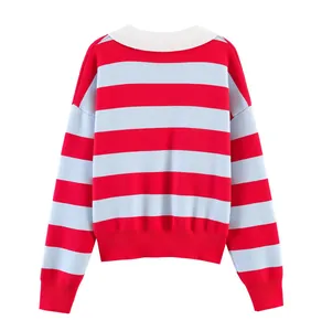 Vue arrière d'un pull en maille rayé rouge et bleu tendance avec un joli col blanc