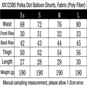 Detailed size chart for polka dot balloon shorts showing waist and rise in cm units.