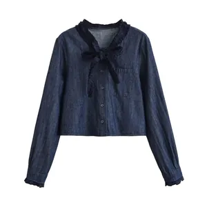 Dames Casual Denim Tweeledige Set Cropped Strik Ruffle Top En Wijde Pijpen Wikkelrok Broek Effen Kleur Streetwear Denim Co-ords