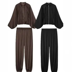Women's Western Satin Puff Sleeve Bomber Jacket and Lantern Harem Pants Top and Bottom Casual High Gloss Outfit