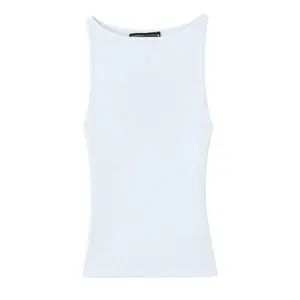 Detailed view of a minimalist white sleeveless boat neck T-shirt with clean stitching.