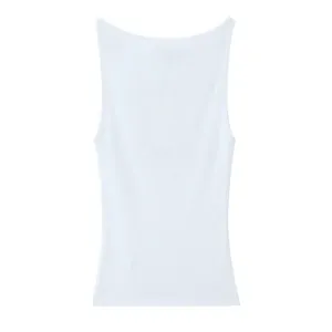 Back view of a minimalist white sleeveless tank top for women