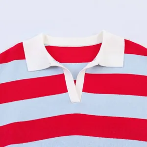 Close-up of a casual red and blue striped knitted sweater featuring a white polo collar