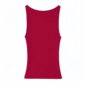 Detailed back view of a minimalist solid red sleeveless tank top for women's wear