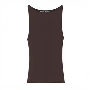 Detailed front view of a minimalist dark brown sleeveless tank top in slim fit style