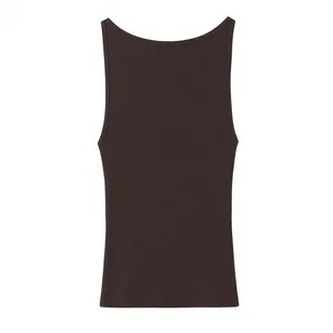 Detail view showing the back of a minimalist dark brown sleeveless tank top for women.