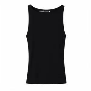 Minimalist black sleeveless T-shirt with round neck and brand tag detail