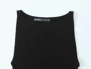 Detail view of a black sleeveless top neckline showing size label and the brand name