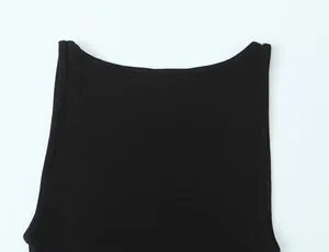 High-quality close-up showing the neckline and stitching of a minimalist black sleeveless top