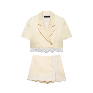Women Short Sleeve Lace Patchwork Pleated Blazer Top And Skort Bottom Cream Beige Elegant Casual Office Matching Set Style