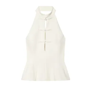 Damen Neckholder Top mit chinesischen Knotenkörnern Weiß Ärmellos Ausschnitt Rückenfrei Mode Slim Fit Weste Top
