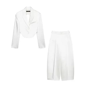 Giacca Corta Sexy in Tessuto Satinato da Donna e Pantaloni a Gamba Larga Poliestere Senza Schienale Bianco Elegante Streetwear Parte Superiore e Inferiore