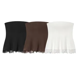Women Strapless Slim Fit Tube Top Elegant Lace Hem Polyester Solid Color Top Casual Sleeveless Party Top For Ladies
