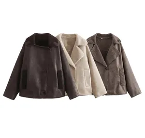 High-quality faux suede shearling lapel jackets for women in three stylish colors