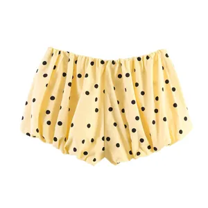 Modische gelbe Polka-Dot-Bubble-Shorts für Damen mit dem elastischen Taillendetail