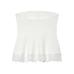 Detailed macro view showing the intricate lace hem on this elegant white strapless tube top