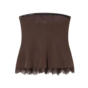 Detailed front view of a brown strapless tube top with a delicate lace-trimmed hem.