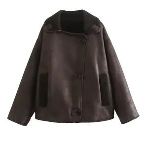 Front view of dark brown lamb wool lapel jacket with faux shearling trim details