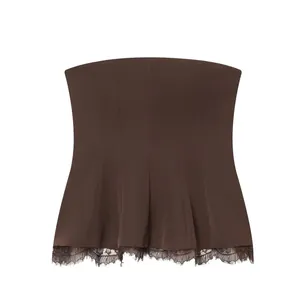 Elegant dark brown strapless tube top featuring delicate lace trim at the flared hemline
