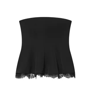 Detail view of the black strapless tube top featuring elegant lace trim at the hem