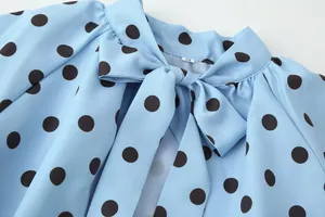 Detail einer hellblauen Polka-Dot-Bluse mit stilvollem Schluppenkragen und Schleife.