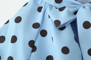 Detailansicht eines hellblauen Hemdes mit großen Tupfen und elegantem Bogen