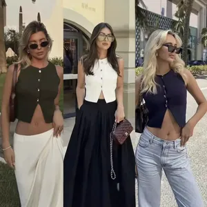 Gilet en Tricot sans Manches pour Femme Col Rond Couleur Unie Boutonné Coupe Ajustée Gilet Rétro Haut pour le Quotidien