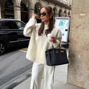 Cozy white oversized brushed mohair sweater for chic street style fashion