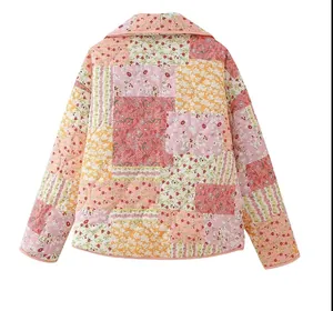 Back view of a vibrant women's floral patchwork quilted jacket with lapel collar