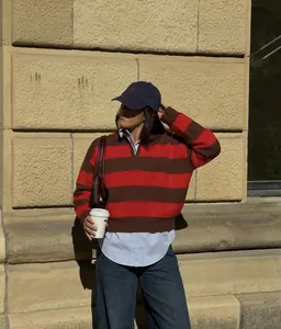 Casual oversized red and brown striped knitted sweater for women in street style