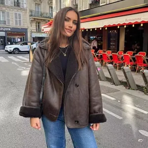 Women's Faux Leather Shearling Jacket Oversized Lapel Patchwork Coat Artificial Lamb Wool Lined Winter Warm Streetwear Outwear Top