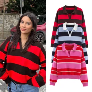 Street style striped knit polo sweater in various colorways for women