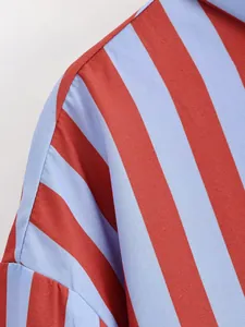 Primer plano del tejido de la camisa de rayas verticales rojas y azul claro con costuras finas
