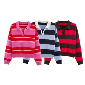 Detailed view of three stylish colorblock striped knitted sweaters with polo collars.