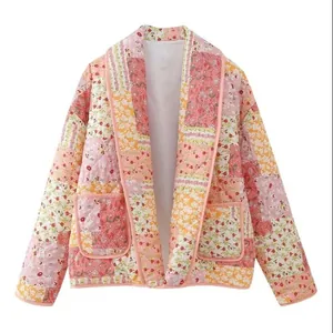 Bohemian floral patchwork quilted jacket for women with open front and lapel collar design