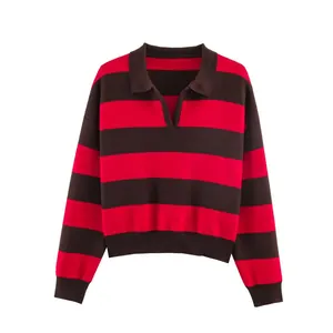 Detailed front view of a red and brown striped long-sleeve polo knit sweater with V-neck